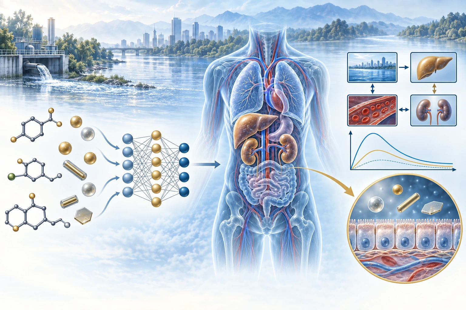 Conceptual human-relevant toxicology illustration: environmental chemicals and smooth engineered nanomaterials connect through a neural network to a translucent human torso, organ compartments, dose curves and tissue response.
