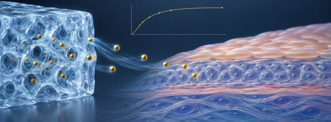 Conceptual porous biomaterial releasing particles at a tissue interface.