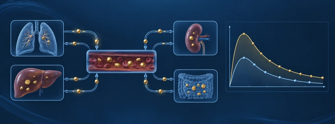 Conceptual blood and organ compartment network with internal-dose curves.