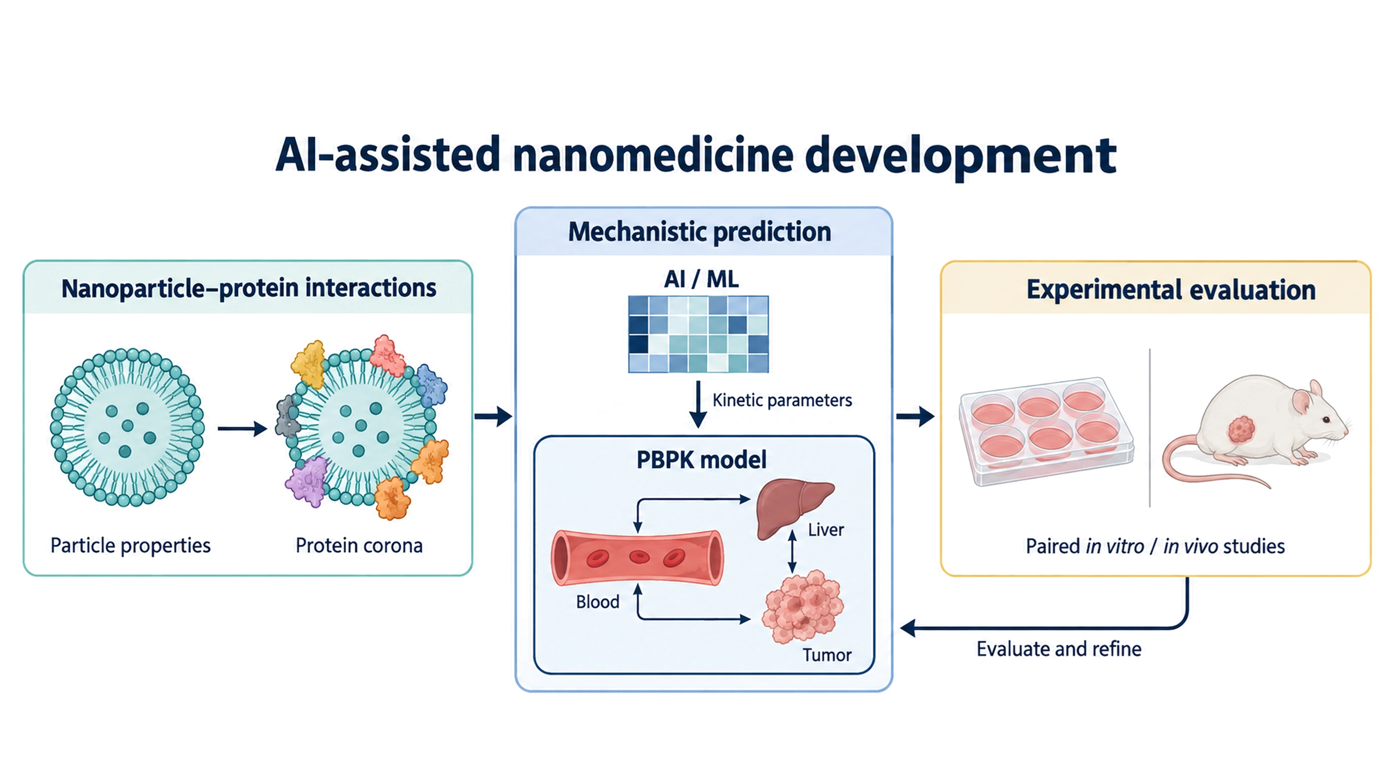 Conceptual nanomedicine framework linking nanoparticle formulation and protein-corona measurements with AI-assisted prediction of PBPK parameters, tissue distribution, and delivery.